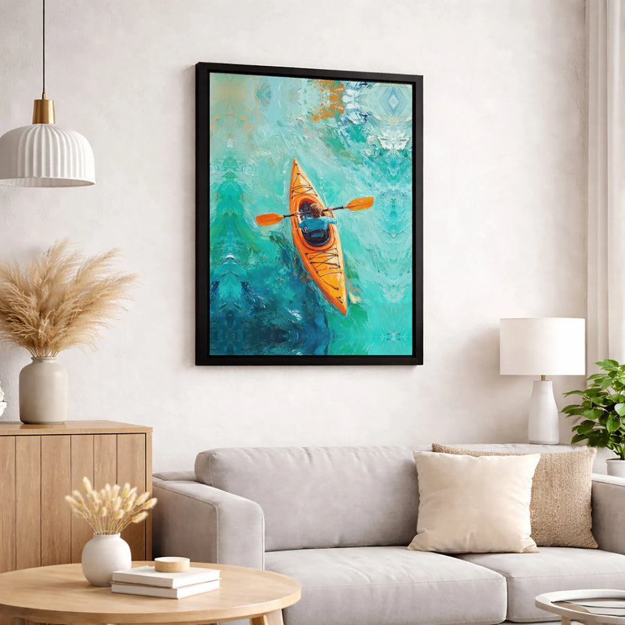 Kayaking Canvas Wall Art | Impressionist Orange Kayak Painting | 1.25-Inch Gallery Wrap | Coastal Decor Gift for Water Sports Lovers