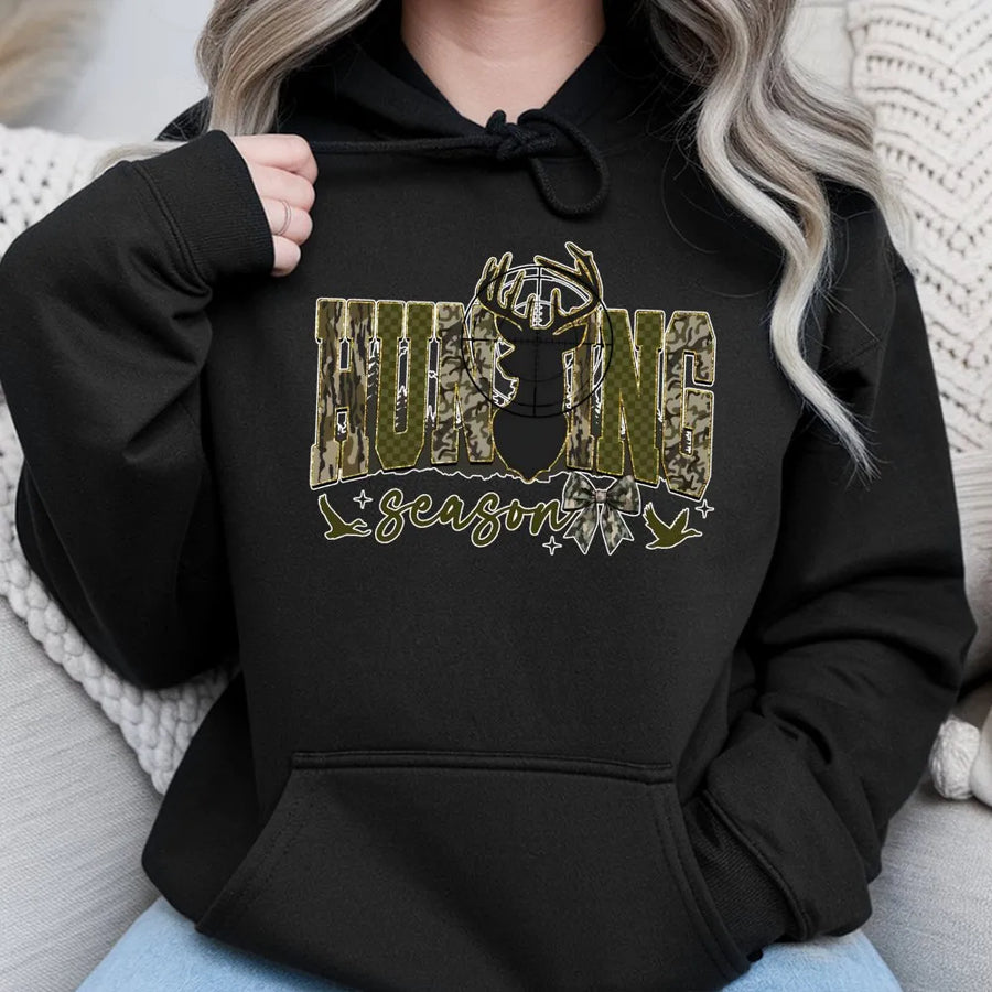 Hunting Season Hoodie | Camo Deer Antlers & Duck Graphic | Premium Cotton Blend | Gift For Her Outdoors Enthusiast
