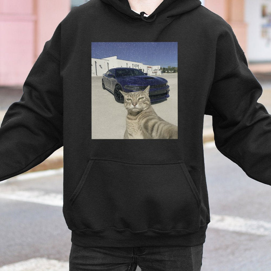 Funny Cat Selfie Hoodie | Cool Car Meme Graphic Sweatshirt | Premium Cotton-Blend Apparel | Viral Animal Lover Gift for Men and Women