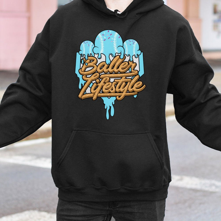 Baller Lifestyle Baseball Hoodie | Ice Cream Drip Graphic Design | Premium Cotton-Poly Blend | Unisex Sports Apparel Gift for Baseball Fans