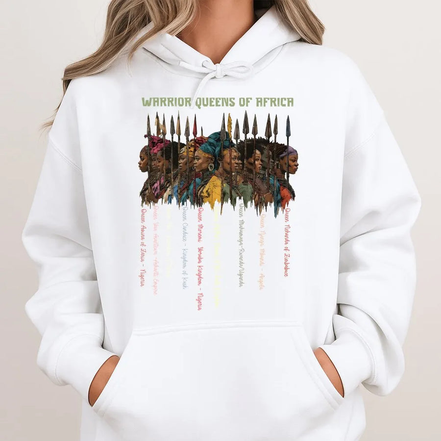 Warrior Queens of Africa Hoodie | Black History Month Graphic Sweatshirt | Premium Cotton Blend Pullover | Gift for Black Women