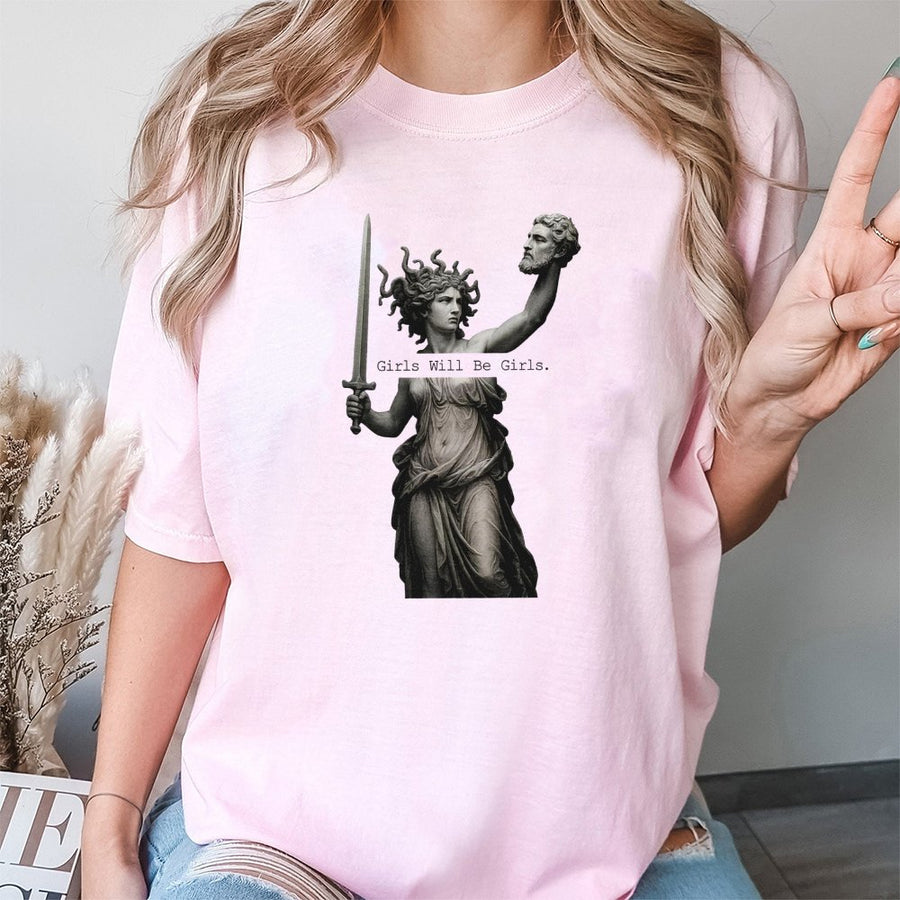 Medusa Feminist T-Shirt | Girls Will Be Girls Greek Mythology Art | Premium 100% Cotton Graphic Tee | Empowering Gift for Mythology Lovers