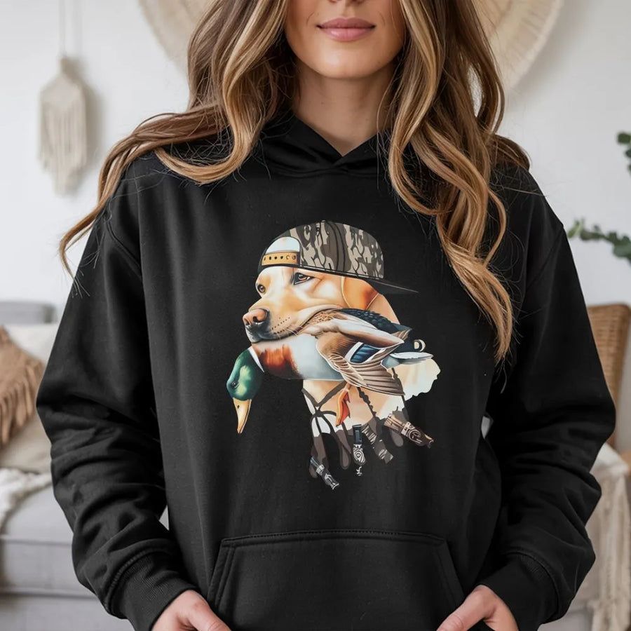 Duck Hunting Dog Hoodie | Labrador Retriever with Camo Hat & Mallard Graphic | Premium Cotton Tee | Outdoorsman Gift for Men
