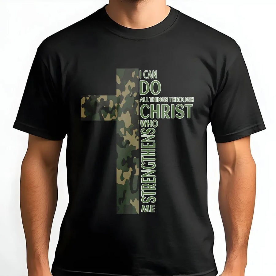 I Can Do All Things Through Christ T-Shirt | Camo Cross Graphic Print | Premium Soft Cotton | Inspirational Religious Gift for Men and Women