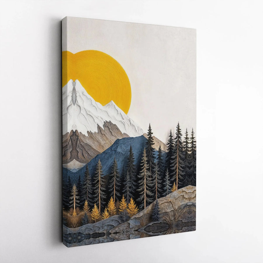 Mountain Landscape Canvas Art | Abstract Pine Forest and Yellow Sun | Premium Gallery Wrap Wall Decor | Modern Nature Home Office Gift