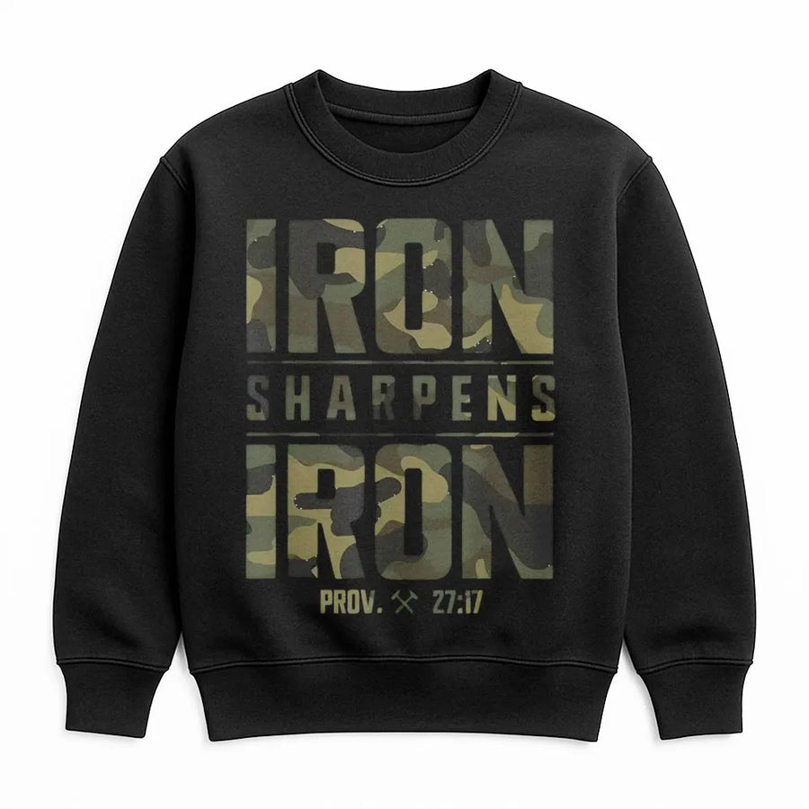 Iron Sharpens Iron Sweatshirt | Proverbs 27:17 Camo Graphic | Premium Cotton Blend | Christian Faith Gift for Men and Women