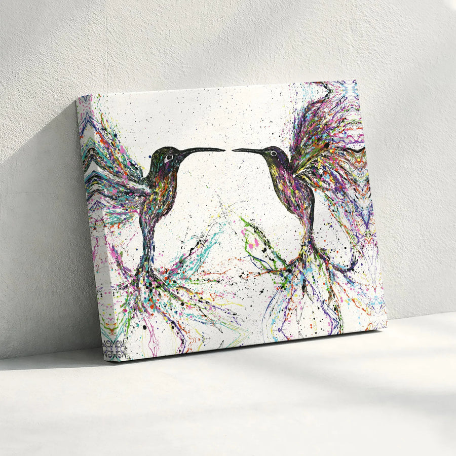 Abstract Hummingbird Canvas Wall Art | Colorful Kissing Hummingbirds Art | Premium Gallery Wrapped Canvas | Modern Living Room Decor Gift for Bird Lovers
