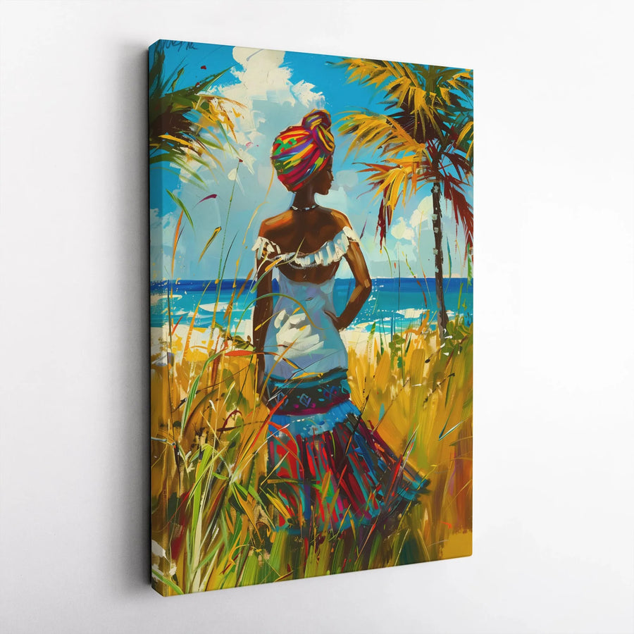 Black Woman Canvas Wall Art | Vibrant Tropical Beach Painting | Premium Gallery Wrap Print | Afrocentric Home Decor Gift