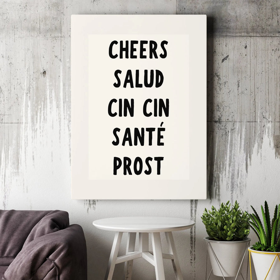 Cheers Multilingual Wall Art | Toasting Words Typographic Print | Gallery Quality 1.25 Inch Canvas | Bar Decor & Housewarming Gift