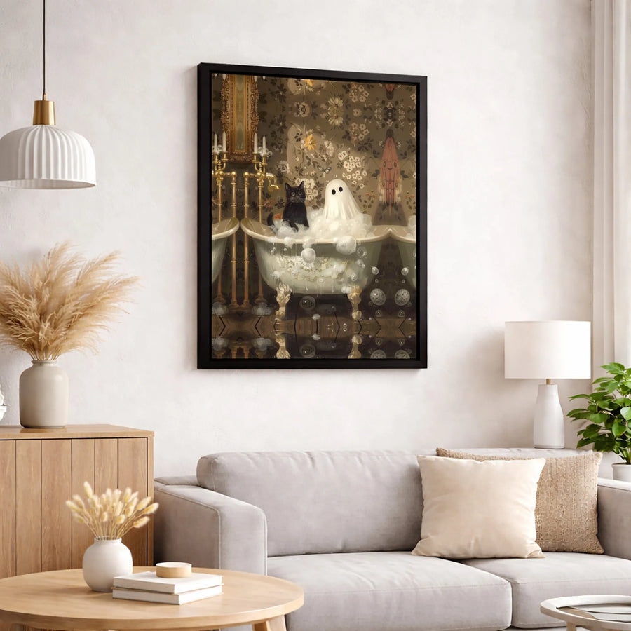 Ghost and Black Cat Wall Art | Whimsical Bathtub Illustration | Premium 1.25-Inch Canvas Print | Gothic Home Decor for Halloween Lovers