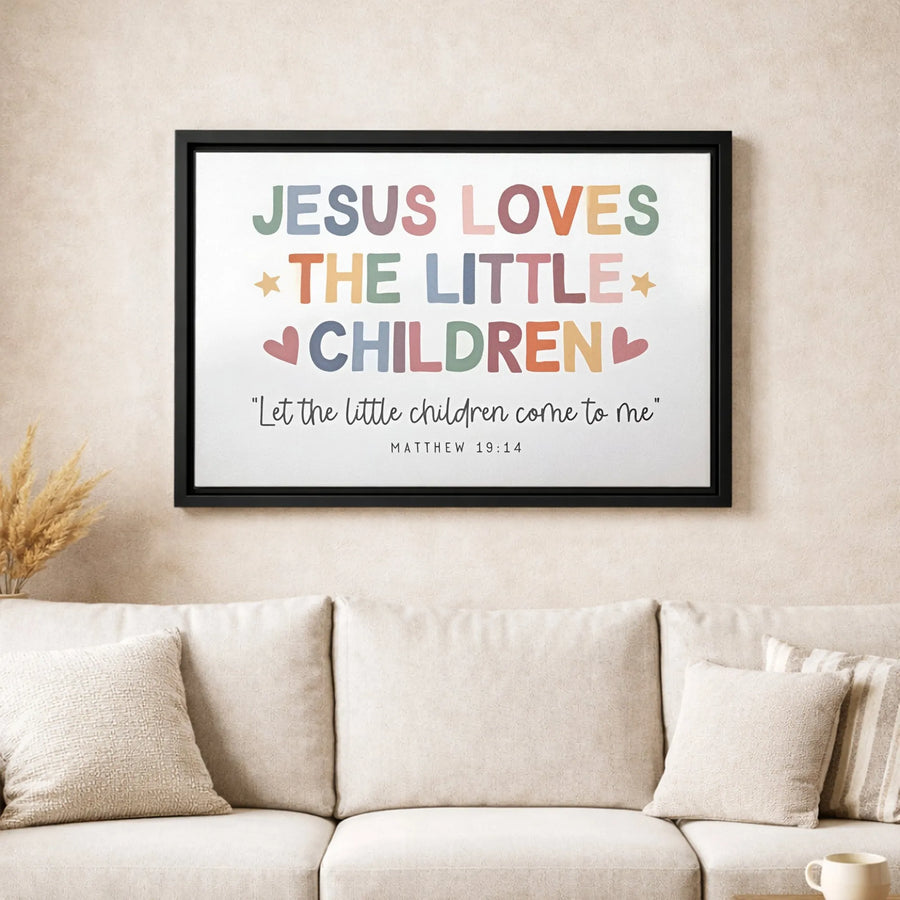 Jesus Loves The Little Children Wall Art | Colorful Matthew 19:14 Scripture Print | Premium Gallery Wrap Canvas | Christian Nursery Decor Gift