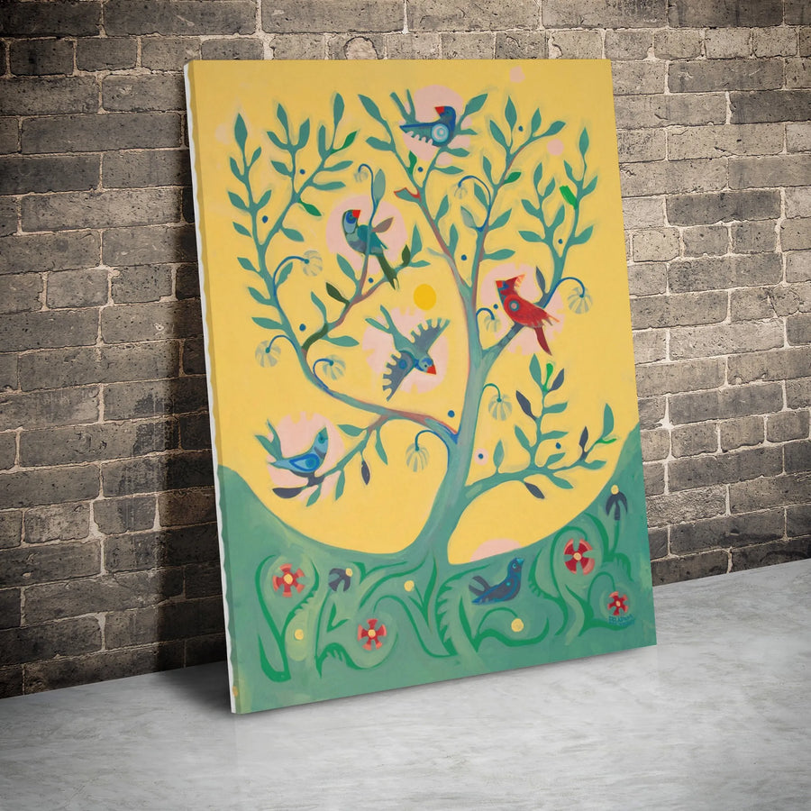 Folk Art Tree Of Life Canvas | Colorful Bird Wall Decor | Gallery Wrapped Premium Print | Artistic Home Gift For Nature Lovers