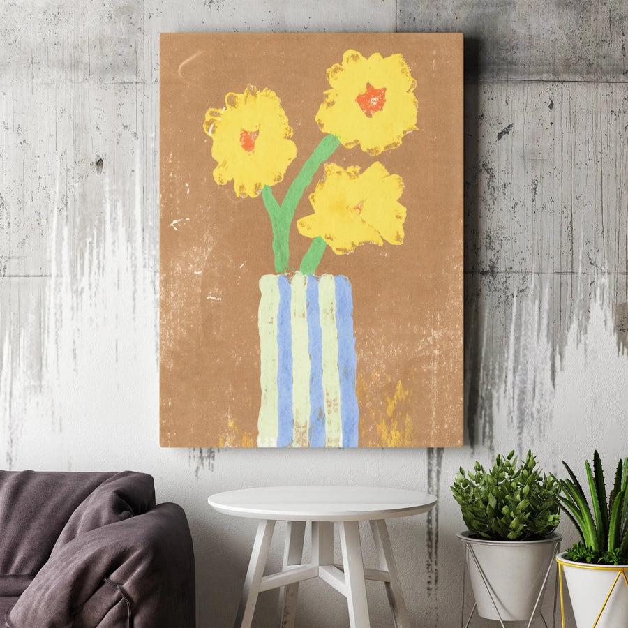Sunflower Canvas Wall Art | Naive Style Folk Art Flower Painting in Striped Vase | Premium Gallery Wrapped Canvas | Modern Farmhouse Decor Gift