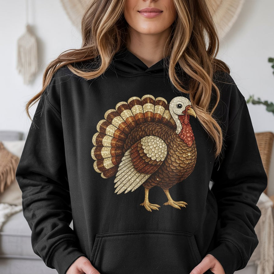 Thanksgiving Turkey Hoodie | Faux Glitter Mosaic Design | Premium Cotton Blend | Fall Holiday Gift for Women and Men