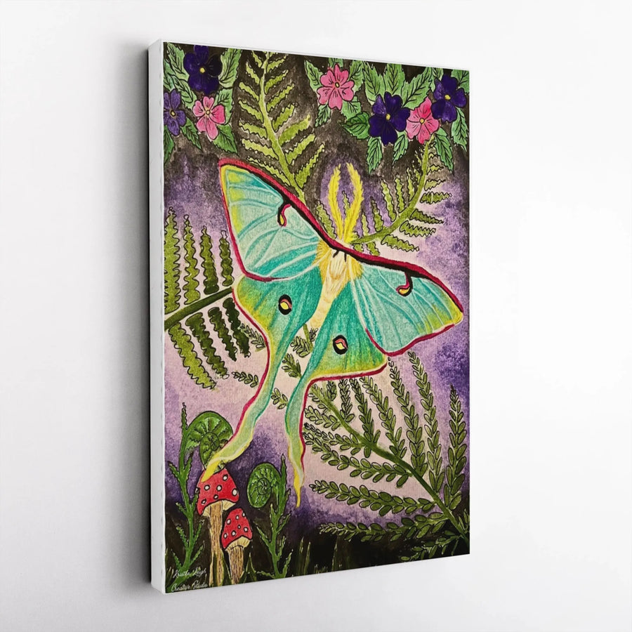 Luna Moth Canvas Wall Art | Whimsical Botanical Fern & Mushroom Print | Premium Gallery Wrapped Canvas | Cottagecore Decor Gift for Nature Lover