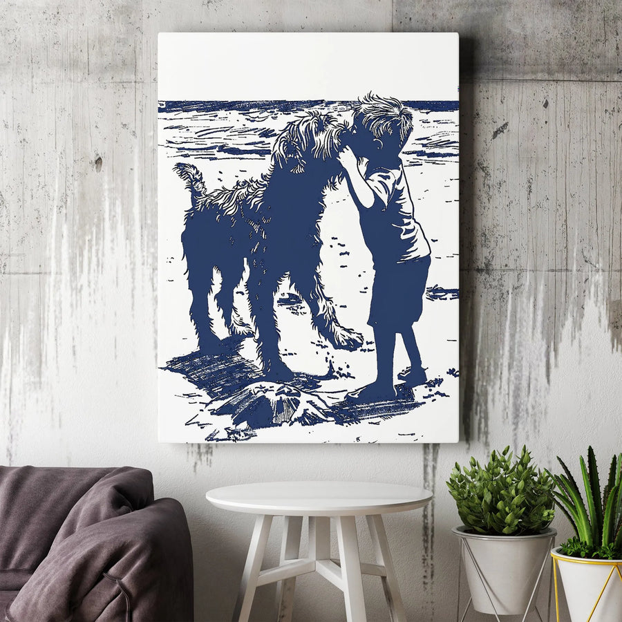 Boy and Dog Beach Silhouette Canvas Art | Heartwarming Coastal Pet Portrait | Premium 1.25" Gallery Wrap | Thoughtful Gift for Dog Lovers