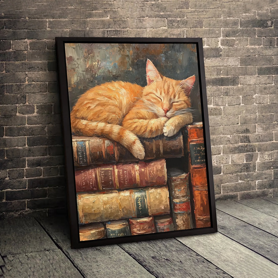 Sleeping Ginger Cat Canvas Wall Art | Cozy Oil Painting Print on Books | Gallery-Quality Framed Decor | Aesthetic Gift for Cat Lovers & Readers