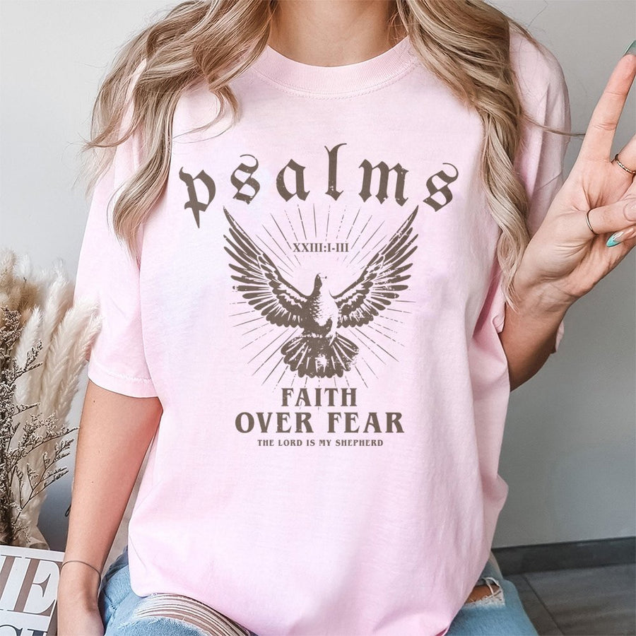 Psalms 23 Faith Over Fear T-Shirt | Christian Dove Graphic Tee | 100% Cotton Premium Quality | Religious Gift for Men and Women