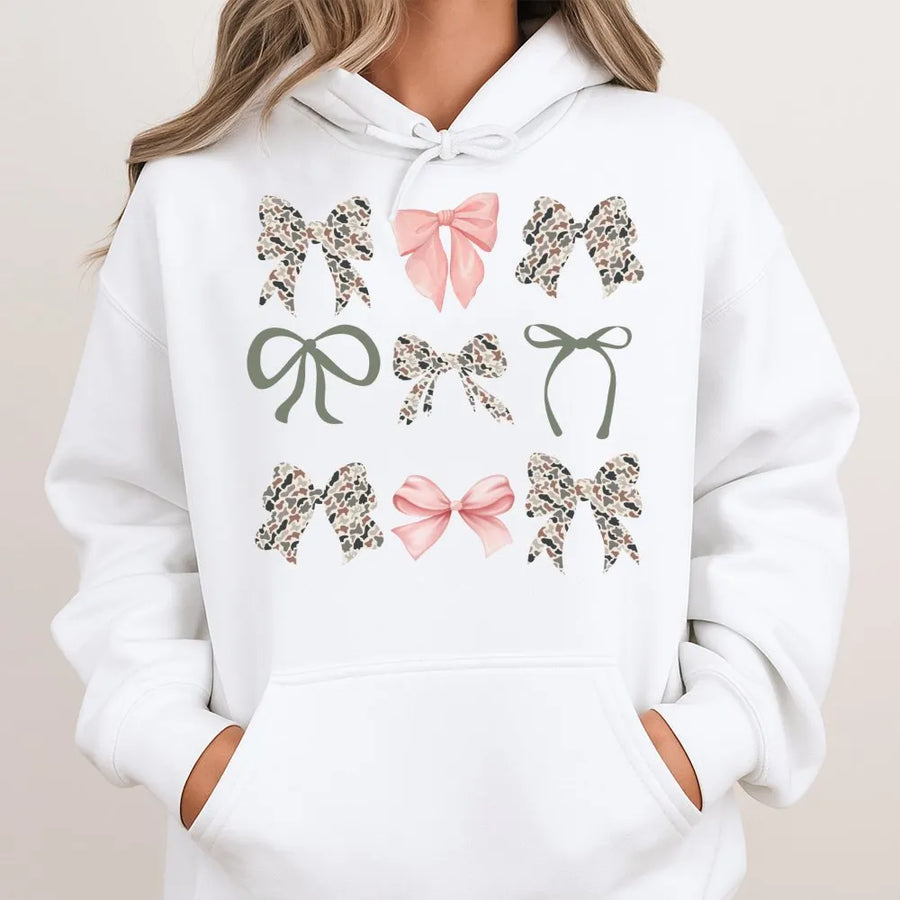 Camo Bow Hoodie | Aesthetic Leopard Print Ribbon Graphic | Premium Cotton Blend Pullover | Cute Country Girl Gift for Women and Teens