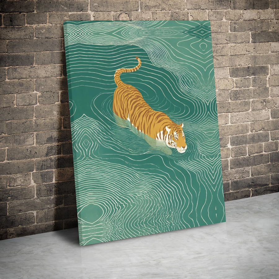 Tiger Swimming Canvas Wall Art | Geometric Rippled Water Print | Premium Gallery Wrap Decor | Modern Wildlife Home Decor Gift