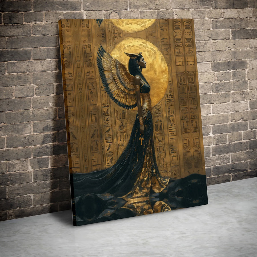 Egyptian Goddess Isis Canvas Print | Golden Wings & Hieroglyphics Art | Premium Fade-Resistant Gallery Wrap | Spiritual Home Office Wall Decor