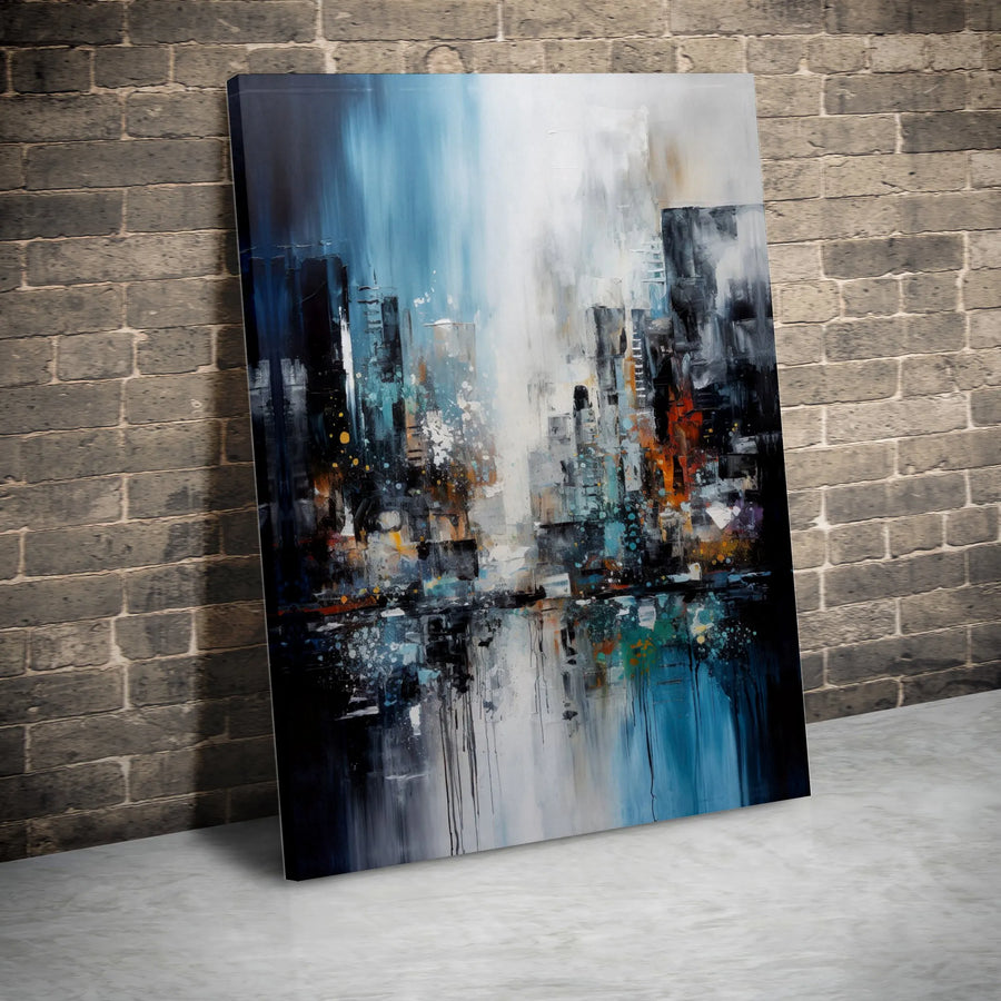 Abstract Cityscape Canvas Wall Art | Rainy Night Urban Skyline Painting | Premium Gallery-Wrapped Canvas | Modern Office & Living Room Decor Gift