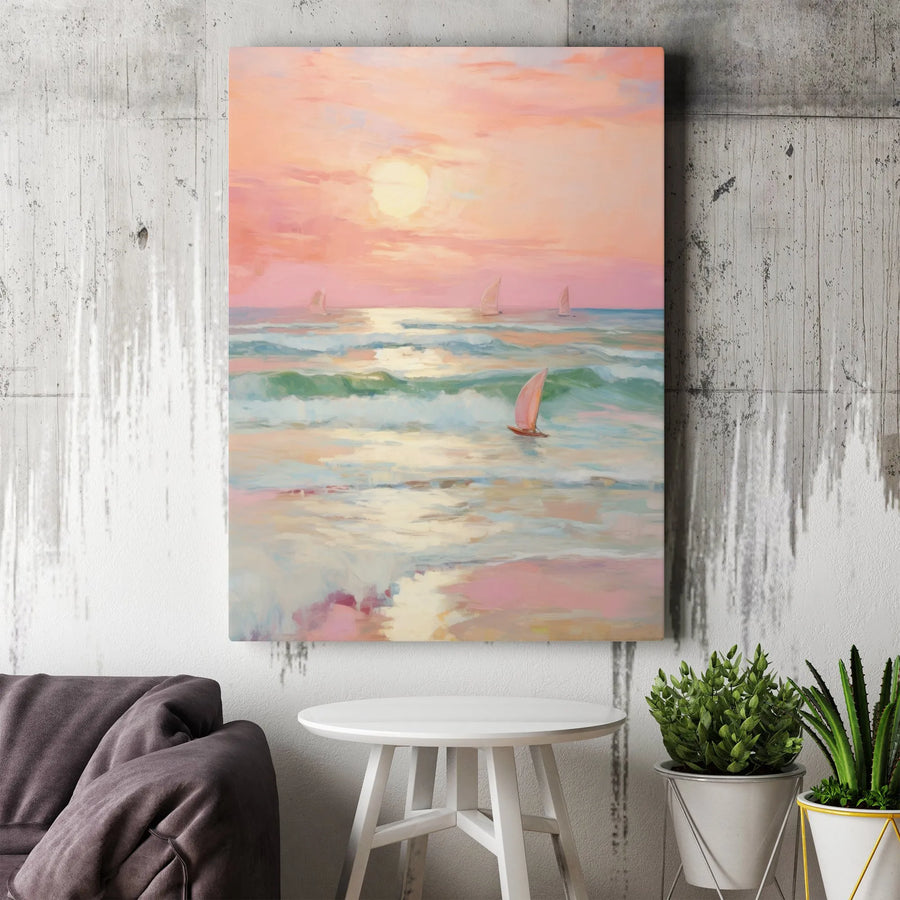 Sunset Sailboat Canvas Wall Art | Impressionist Ocean Seascape Painting | Premium Gallery Wrap Print | Coastal Home Decor for Living Room