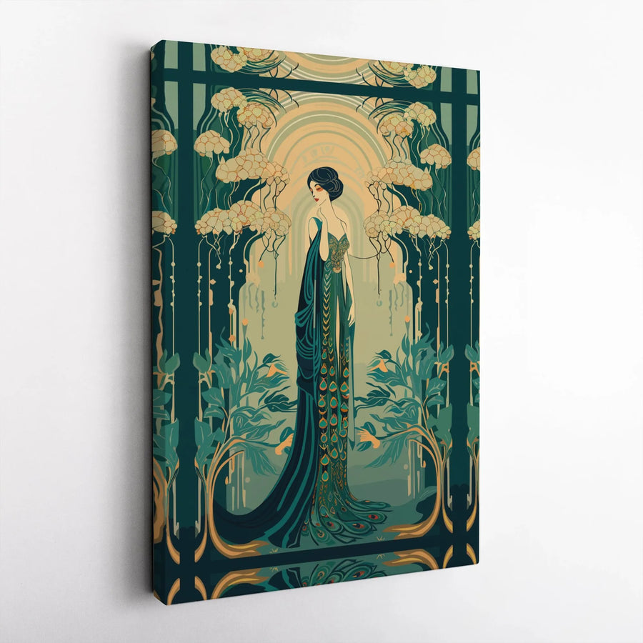 Art Nouveau Peacock Dress Woman Canvas Wall Art | Vintage Aesthetic Illustration | Gallery Quality Premium Print | Sophisticated Home Decor Gift
