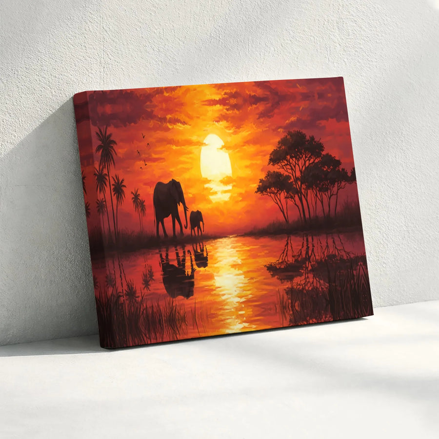 African Elephant Sunset Canvas Wall Art | Vibrant Savanna Silhouette Painting | Premium Fade-Resistant Print | Wildlife Wall Decor for Living Room