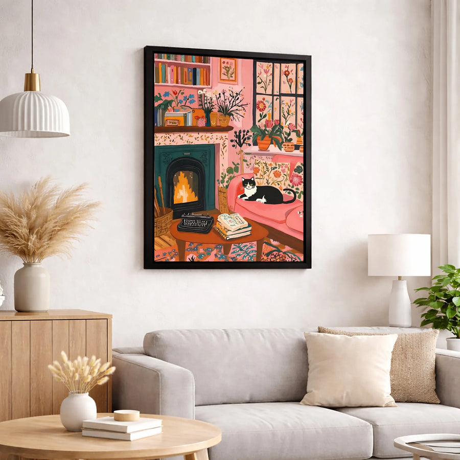 Cozy Cat Reading Nook Canvas Wall Art | Botanical Library Fireplace Illustration | Premium Gallery Wrapped Print | Gift for Book Lovers and Cat Moms