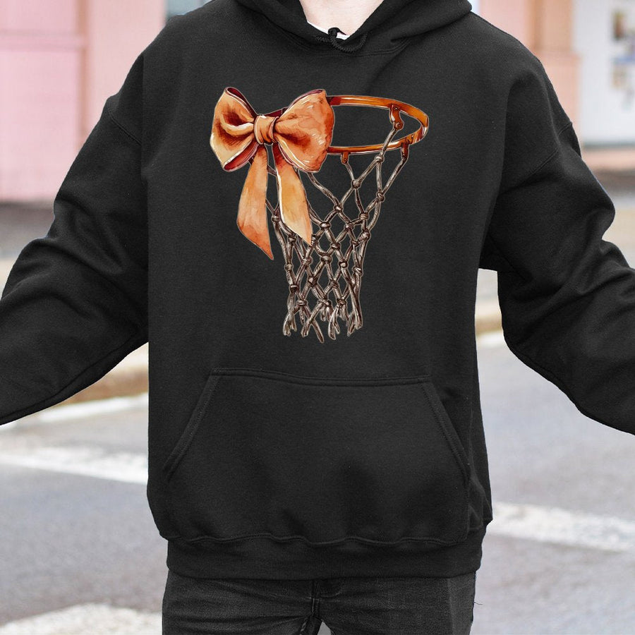 Coquette Basketball Hoodie | Aesthetic Bow and Hoop Graphic | Premium Cotton-Blend Fleece | Game Day Gift for Basketball Moms