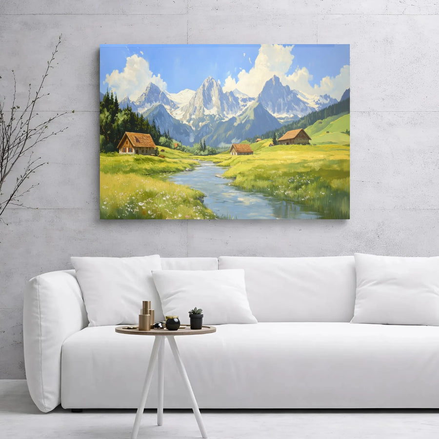 Alpine Mountain Landscape Canvas Wall Art | Serene River Valley with Rustic Cabins | 1.25" Premium Gallery Wrap | Nature-Inspired Home Decor
