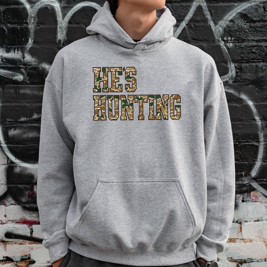 He's Hunting Hoodie | Camo Text Varsity Design | Premium Cotton-Blend Fleece | Perfect Gift for Hunting Wife or Girlfriend