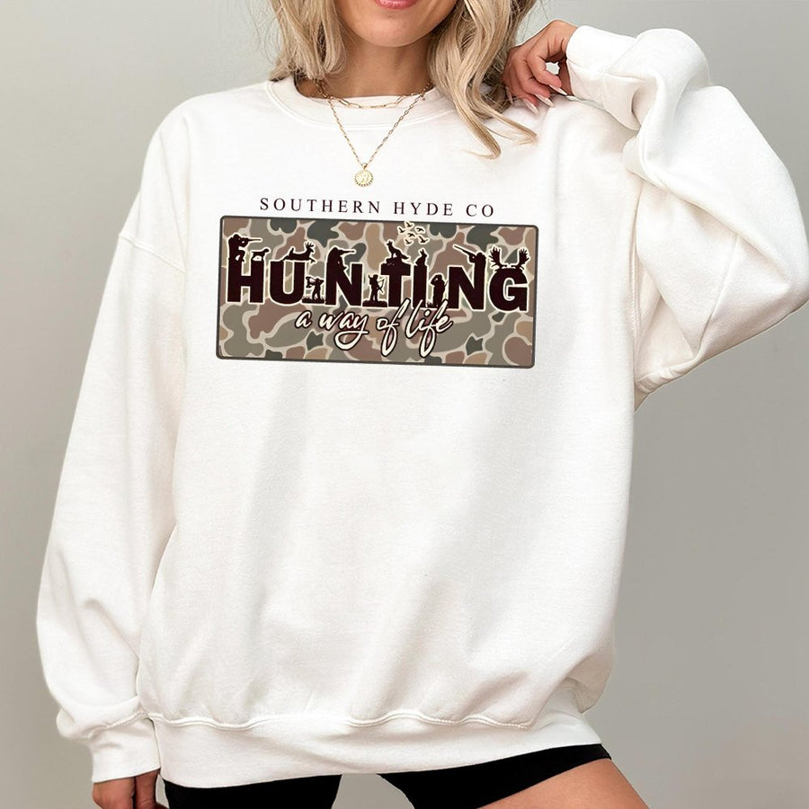 Hunting A Way Of Life Sweatshirt | Camo Print Graphic Pullover | Soft Cotton Blend | Gift For Hunters Outdoorsmen Men Women Unisex