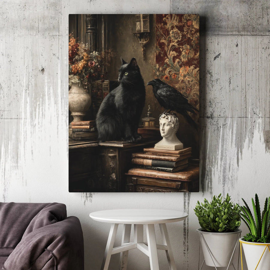 Dark Academia Canvas Art | Black Cat And Raven On Books | Premium Gallery Wrapped Decor | Gothic Home Office Wall Art Gift