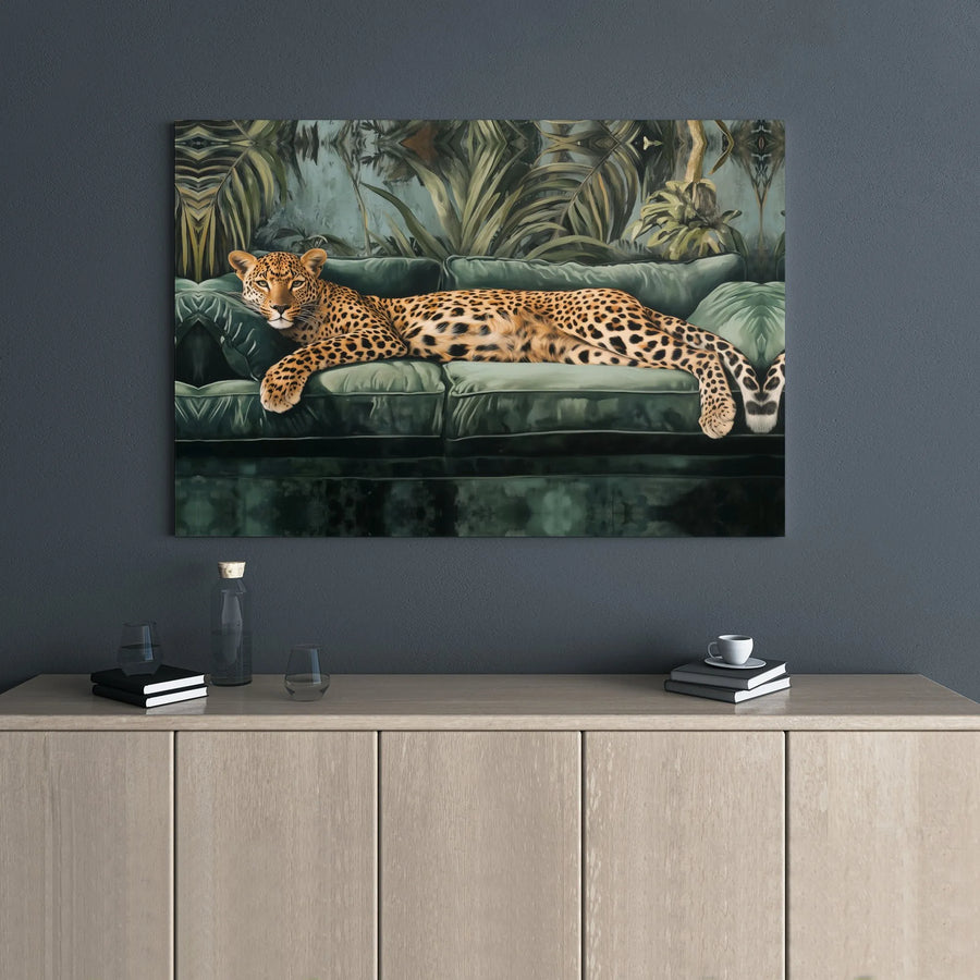 Leopard Wall Art Canvas | Tropical Jungle Leopard On Velvet Sofa | 1.25" Thick Gallery Wrap | Luxury Animal Decor for Living Room