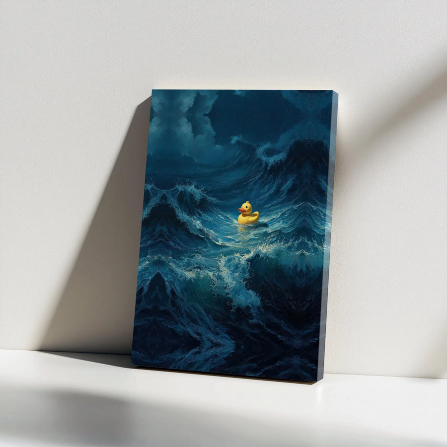 Funny Rubber Duck Canvas Wall Art | Surreal Stormy Ocean Painting | Premium Gallery Wrapped Print | Unique Motivational Decor Gift for Home or Office
