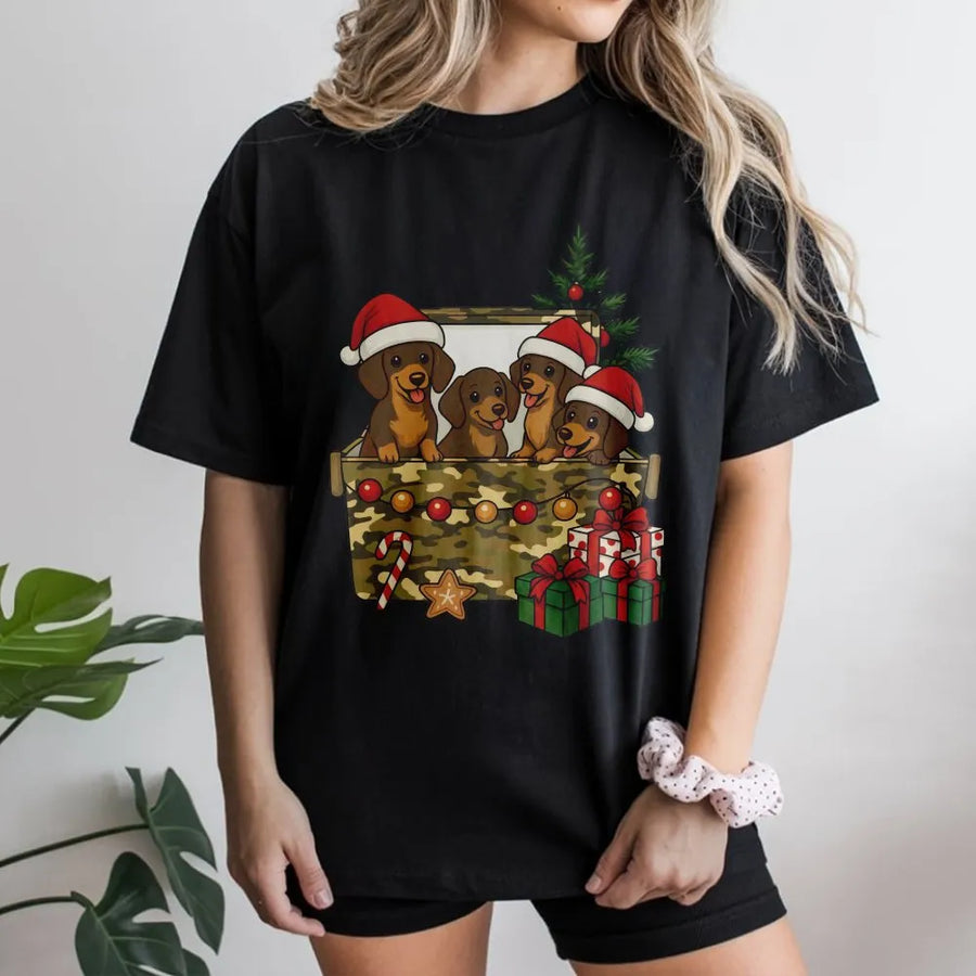 Dachshund Christmas T-Shirt | Cute Wiener Dog Puppies in Camo Gift Box Graphic | Soft Premium Cotton Tee | Holiday Dog Lover Gift for Him Her