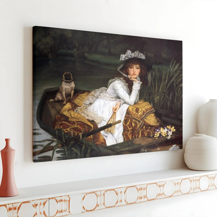James Tissot Canvas Wall Art 'Young Lady in a Boat' | Victorian Woman with Pug Painting | Premium Fade-Resistant Print | Collector's Gift for Classic Art Lover