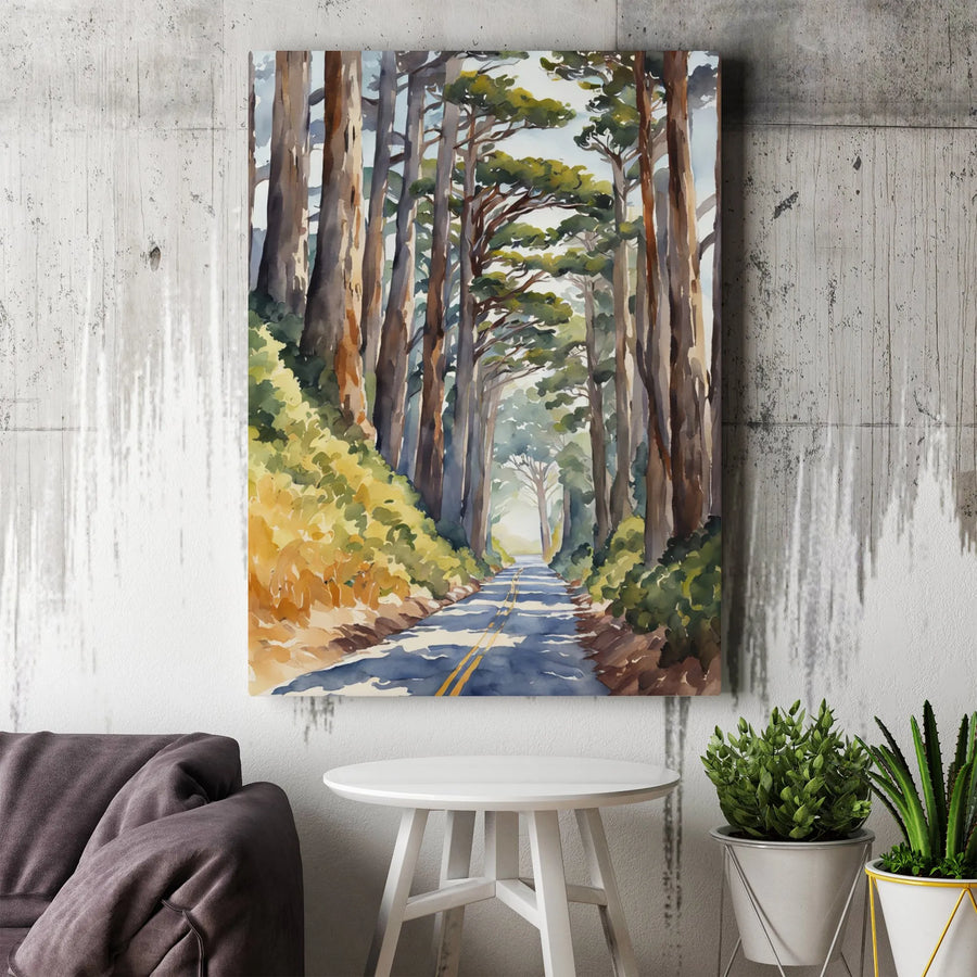 Watercolor Forest Road Vertical Canvas | Tall Trees Nature Landscape Painting | Premium 1.25" Gallery Quality Wall Art | Modern Home Living Room Decor Gift