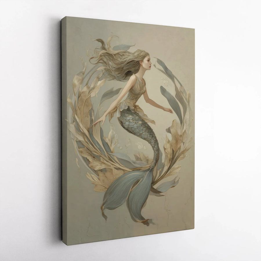 Elegant Mermaid Canvas Wall Art | Vintage Fantasy Illustration | Premium Gallery Wrapped Canvas | Coastal Bathroom & Bedroom Decor Gift