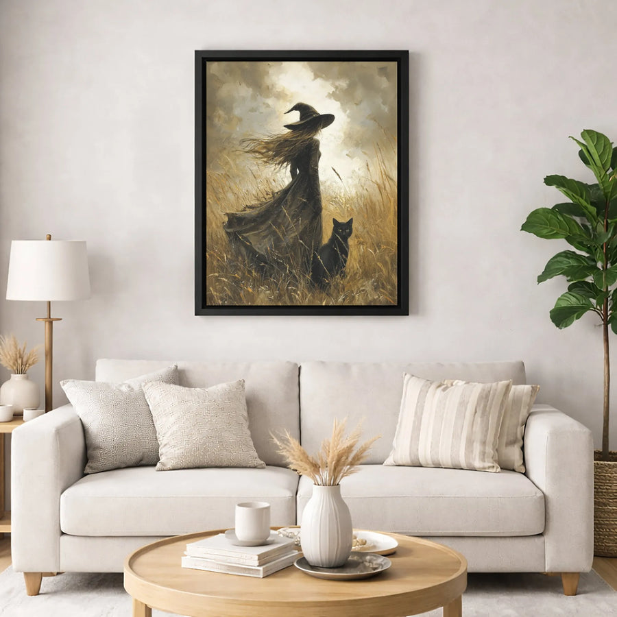 Witch And Black Cat Canvas Wall Art | Gothic Fantasy Field Portrait | Premium Gallery Wrapped Decor | Spooky Witchy Home Decor Gift