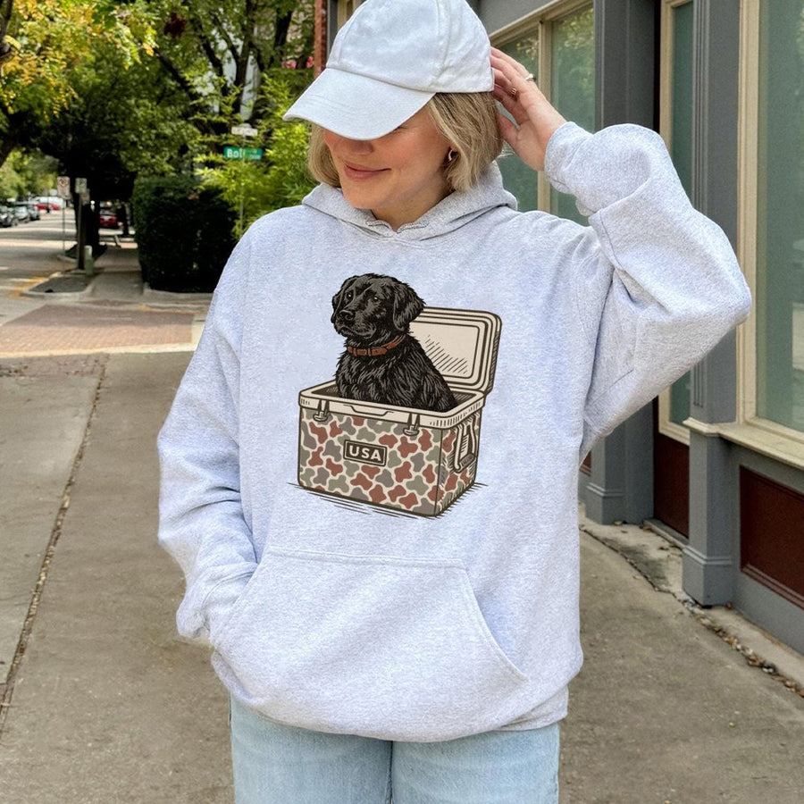 Black Labrador Hoodie | Hunting Dog In USA Camo Cooler Graphic | Premium Cotton Blend Sweatshirt | Gift for Dog Mom Dad Outdoors Lover