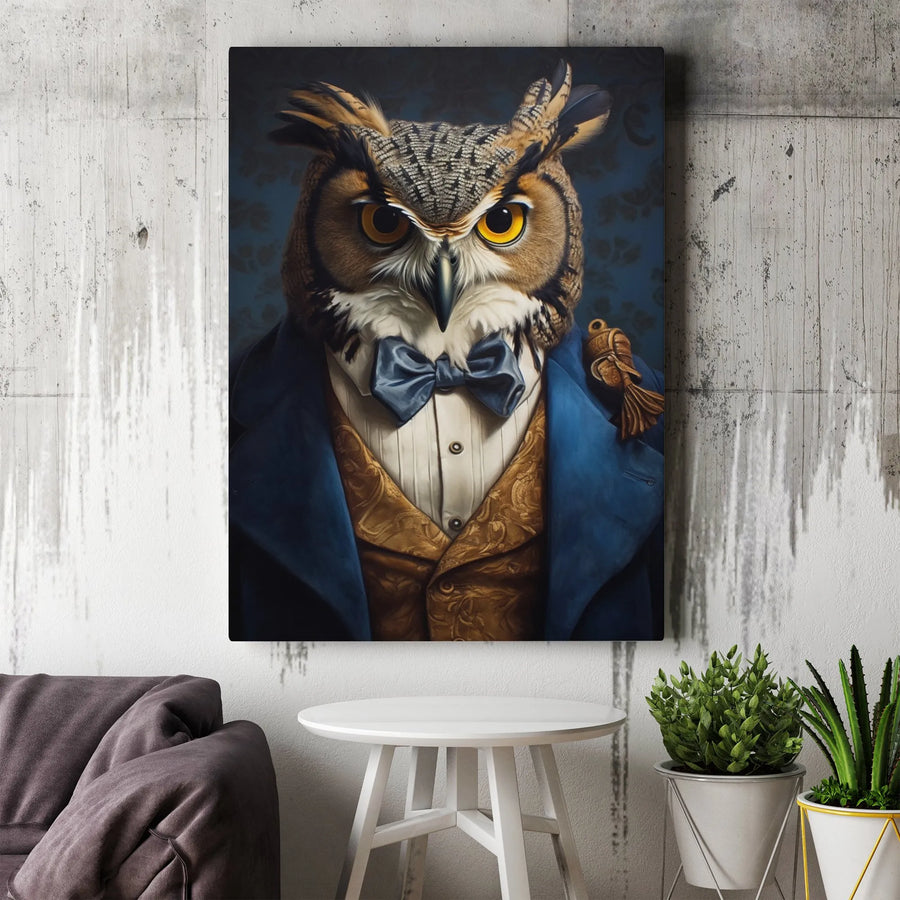 Dapper Owl Wall Art | Victorian Style Animal Portrait in Blue Suit | Premium 1.25" Gallery Canvas | Unique Office Decor Gift