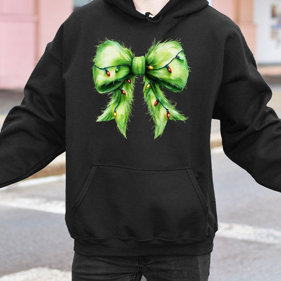 Christmas Bow Hoodie | Fuzzy Green Coquette Bow With Lights | Premium Cotton Blend Unisex Sweatshirt | Festive Holiday Gift For Her
