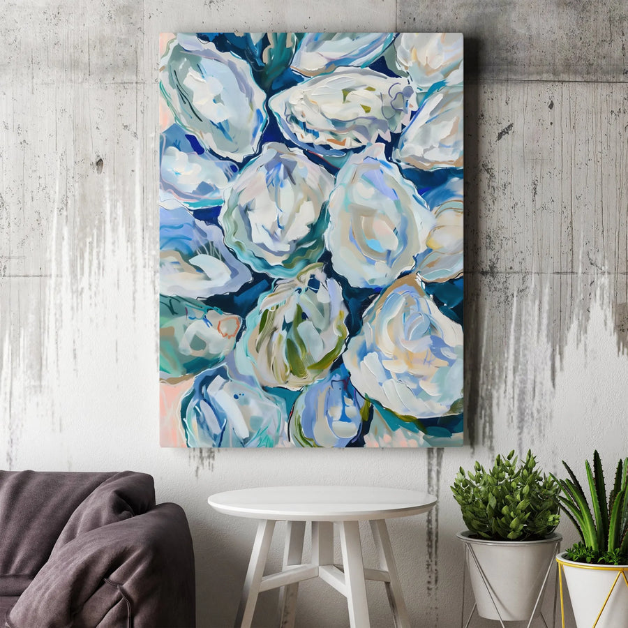 Abstract Oyster Shell Canvas Print | Coastal Blue and White Wall Art | Premium Gallery Wrap 1.25" Frame | Modern Nautical Home Decor