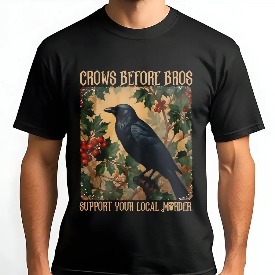 Crows Before Bros Shirt | Funny Feminist Raven Graphic with Holly Branch | Premium Cotton Tee | Gift for Bird Lovers, Witchy Women