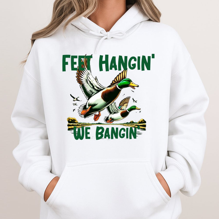 Duck Hunting Hoodie | Funny Feet Hangin We Bangin Mallard Design | Premium Cotton Blend Sweatshirt | Gift for Hunters and Outdoorsmen