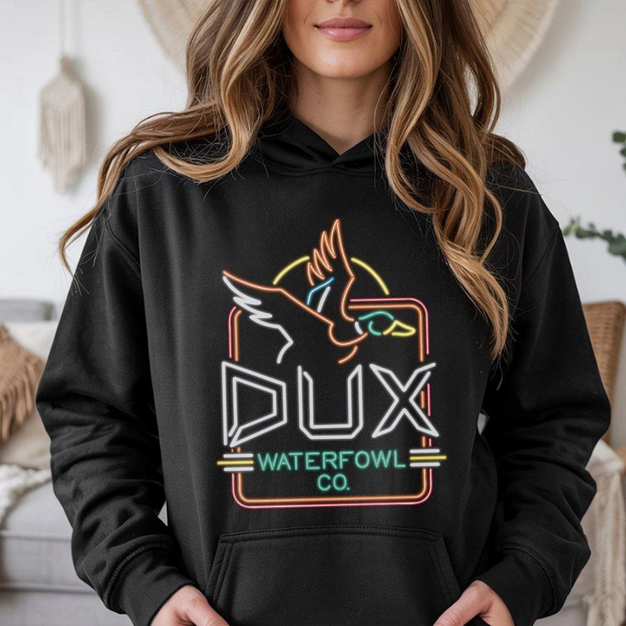 Dux Waterfowl Hoodie | Neon Duck Logo Graphic Print | Premium Cotton-Poly Blend | Gift for Duck Hunters and Outdoor Enthusiasts