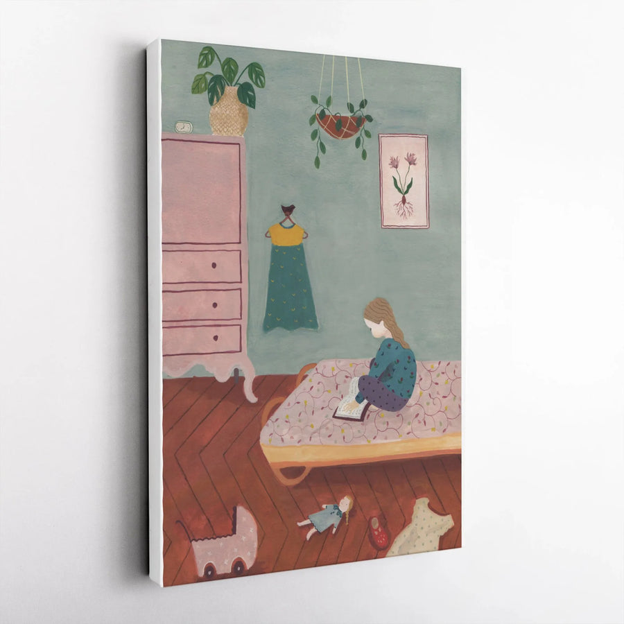 Storybook Girl Reading Canvas Art | Whimsical Bedroom Illustration | Premium Gallery Wrap Canvas | Nursery & Kids Room Decor Gift
